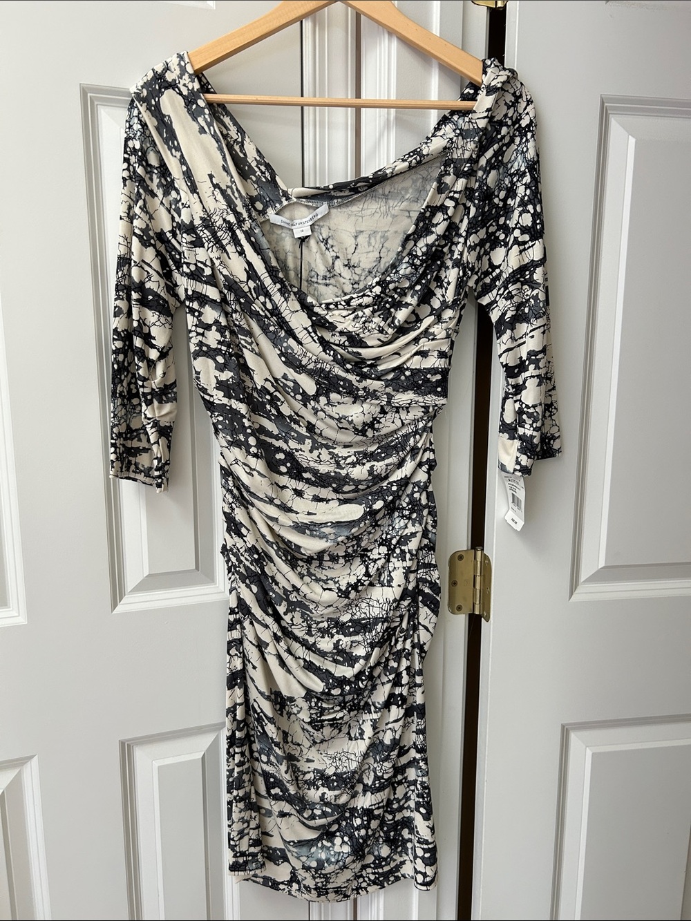 Diane Von Furstenberg Black and Cream Draped Midi Dress